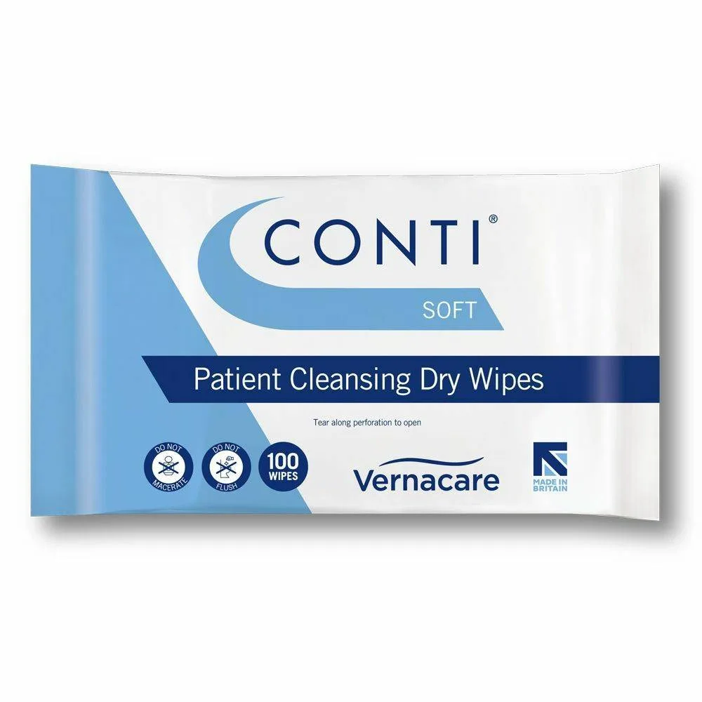 Vernacare Conti Soft Patient Cleansing Dry Wipes 28cm x 30 photographed against a plain background.