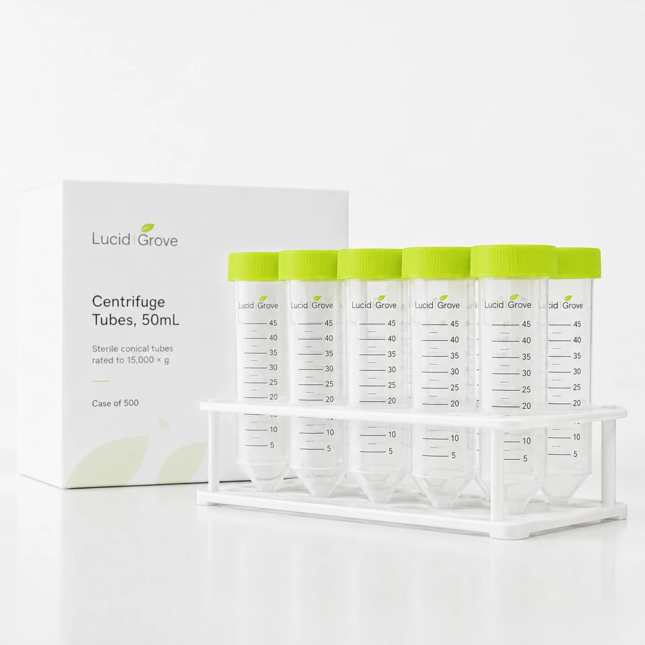 Lucid Grove sterile 50mL conical centrifuge tubes in a rack, beside the case.