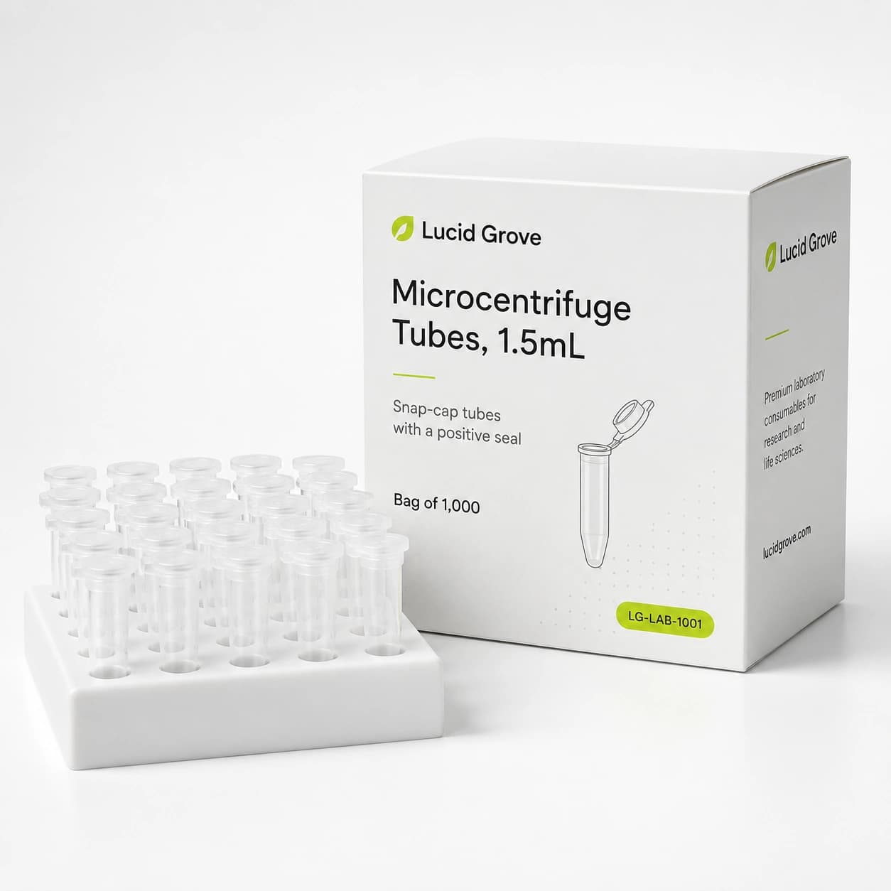 Lucid Grove 1.5mL snap-cap microcentrifuge tubes standing in a rack, beside the box.
