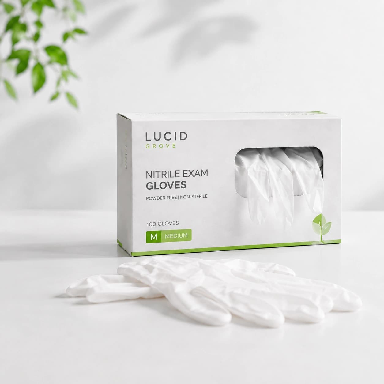 A Lucid Grove box of powder-free nitrile examination gloves with gloves laid out beside it.