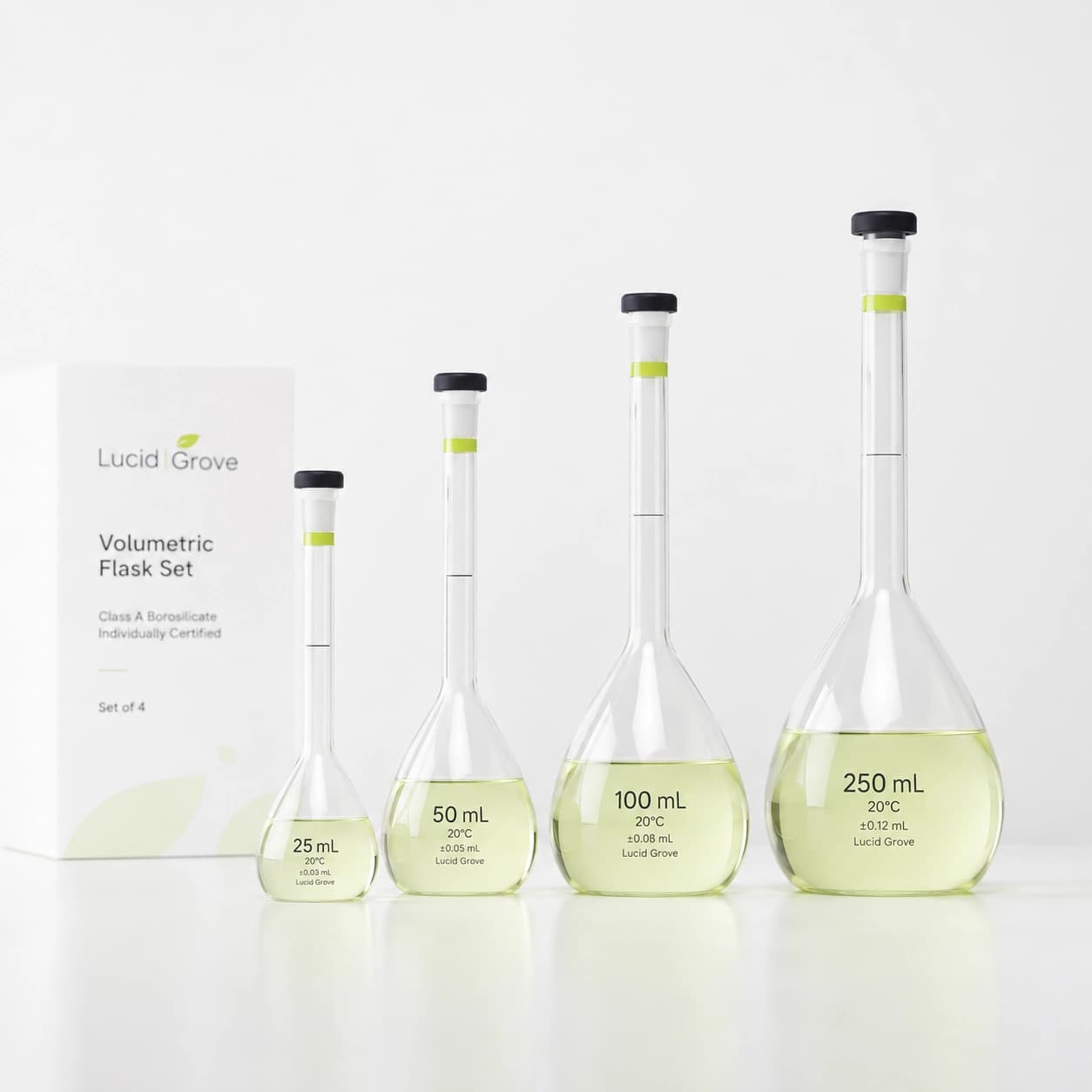 A Lucid Grove set of four Class A borosilicate volumetric flasks with stoppers, beside the box.