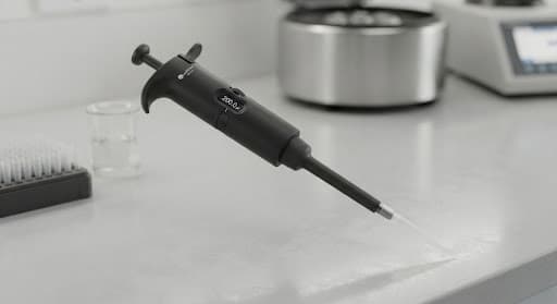 A matte black precision pipette resting on a clean light grey laboratory bench.