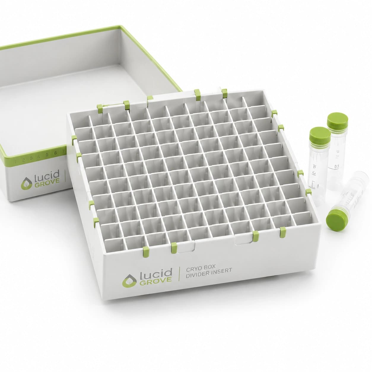 A Lucid Grove cryo box divider insert showing its grid, with the box lid and vials alongside.