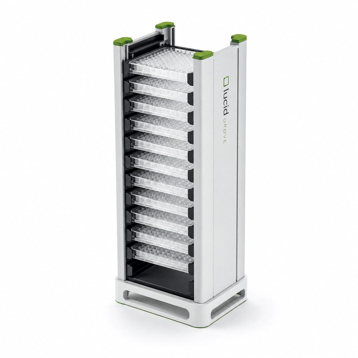A Lucid Grove microplate transport stack holding a column of loaded microplates.
