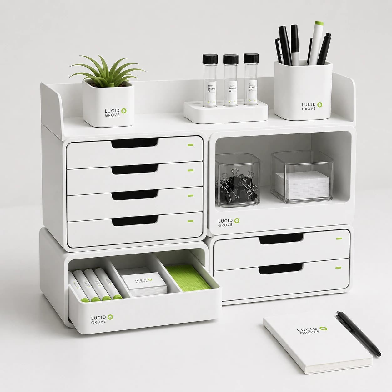 A Lucid Grove modular storage system of stacked drawer units, open shelves and tray inserts.