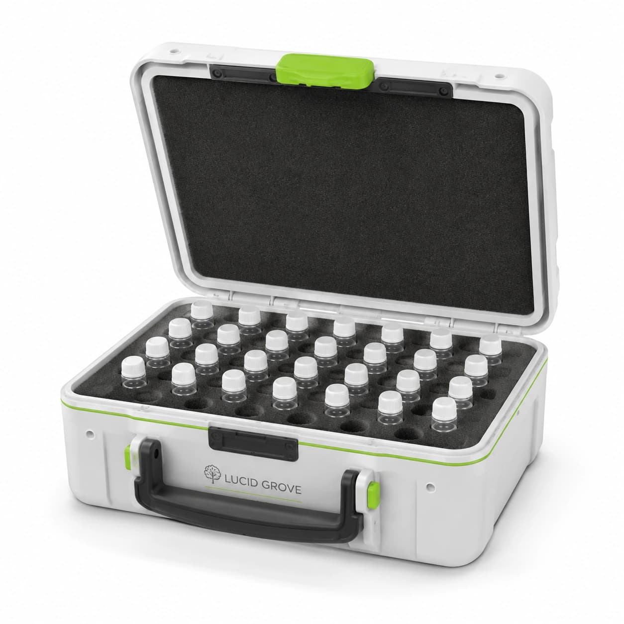 A Lucid Grove sample transport case, open, showing a foam insert loaded with capped tubes.