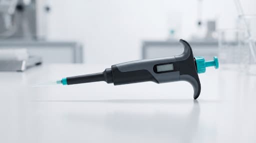 A sleek ergonomic laboratory micropipette resting on a clean white surface.