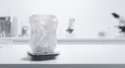 A premium Erlenmeyer flask on a clean clinical white surface with soft bright lighting.