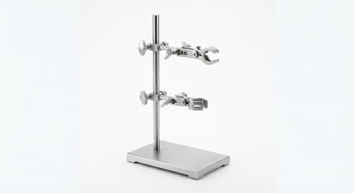 A heavy duty stainless steel lab stand with clamps against a bright white background.