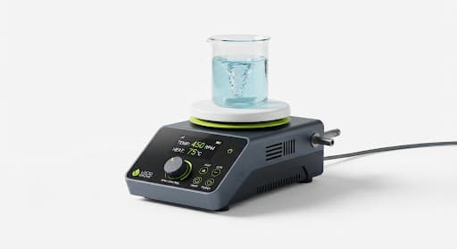 A modern high-tech magnetic stirrer with charcoal body and bright lime accents.