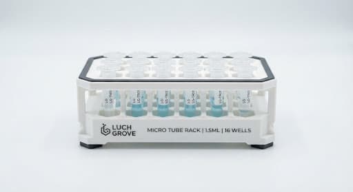 A precision engineered 3D printed tube rack photographed on a pristine white background.