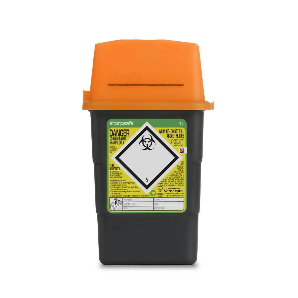 1 Litre Sharpsafe Orange Sharps Bin photographed against a plain background.