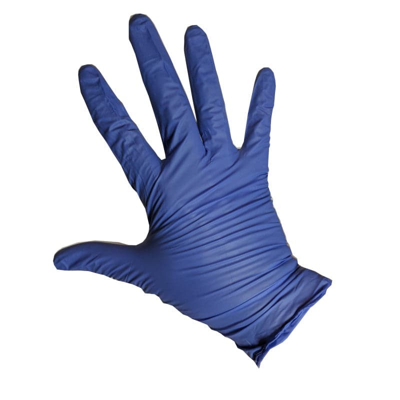OmniTrust Dark Blue Nitrile Examination Gloves photographed against a plain background.