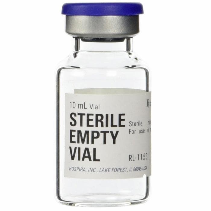 Pfizer Sterile Empty Glass Vials, 10 mL photographed against a plain background.