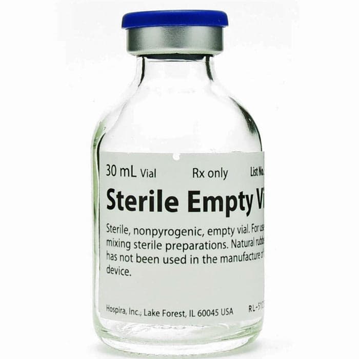Pfizer Sterile Empty Glass Vials, 30 mL photographed against a plain background.