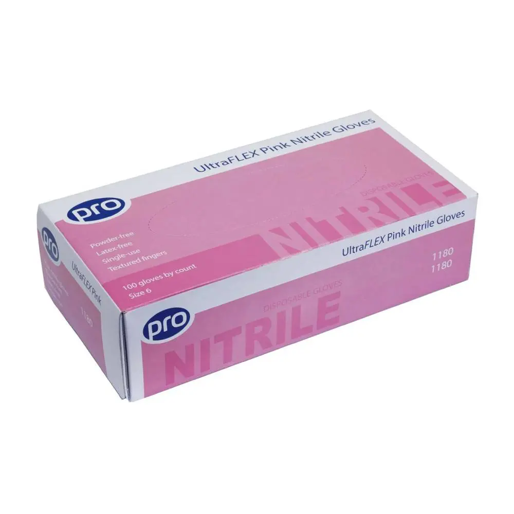 PRO Pink Nitrile Examination Gloves photographed against a plain background.