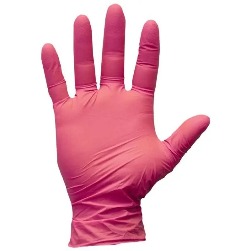 Teqler Pink Nitrile Examination Gloves photographed against a plain background.