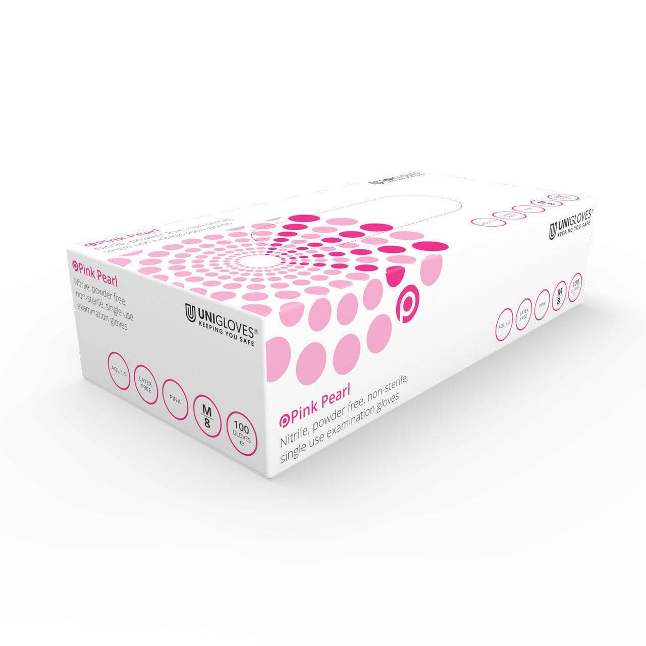 Unigloves Pink Nitrile Examination Gloves photographed against a plain background.