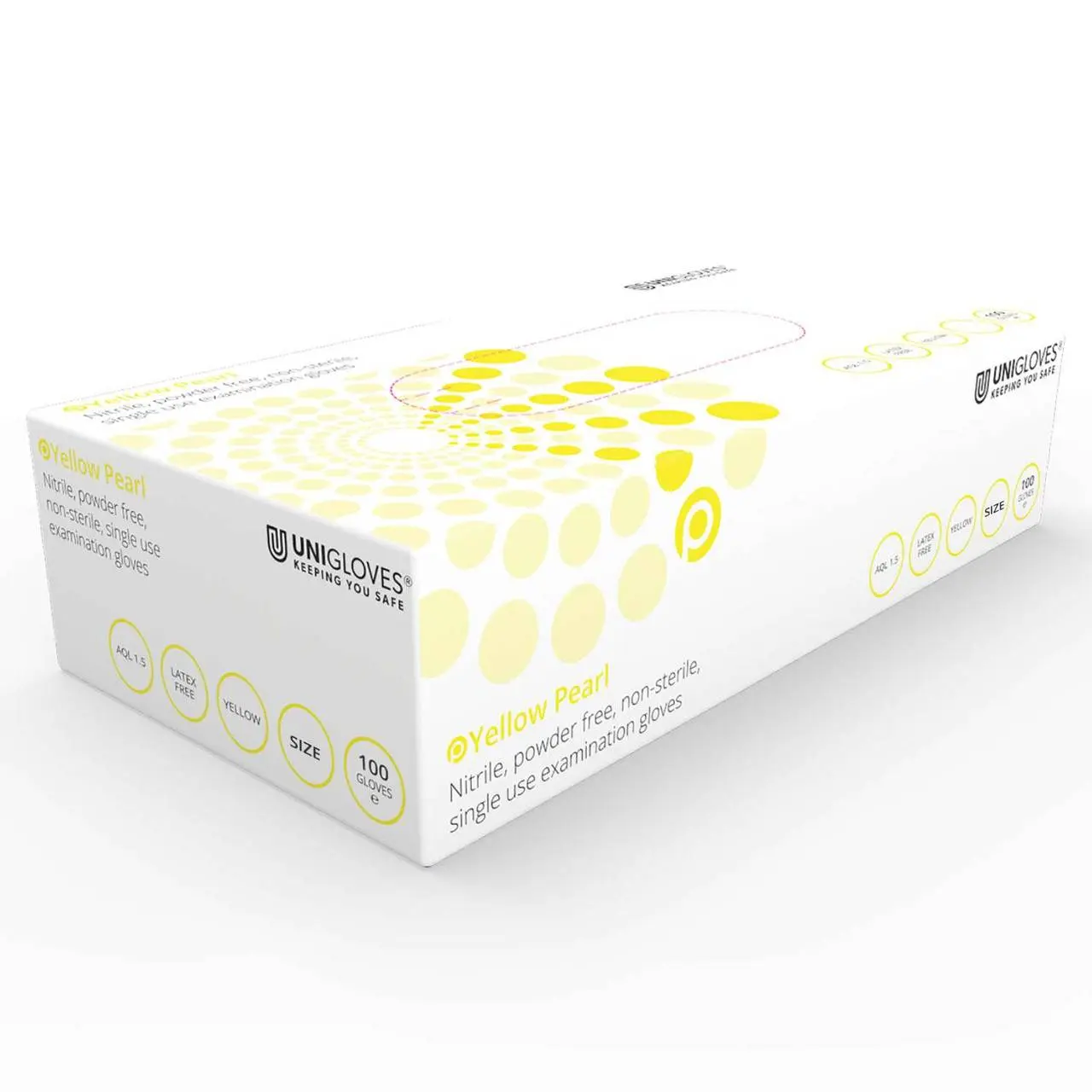 Unigloves Yellow Nitrile Examination Gloves photographed against a plain background.