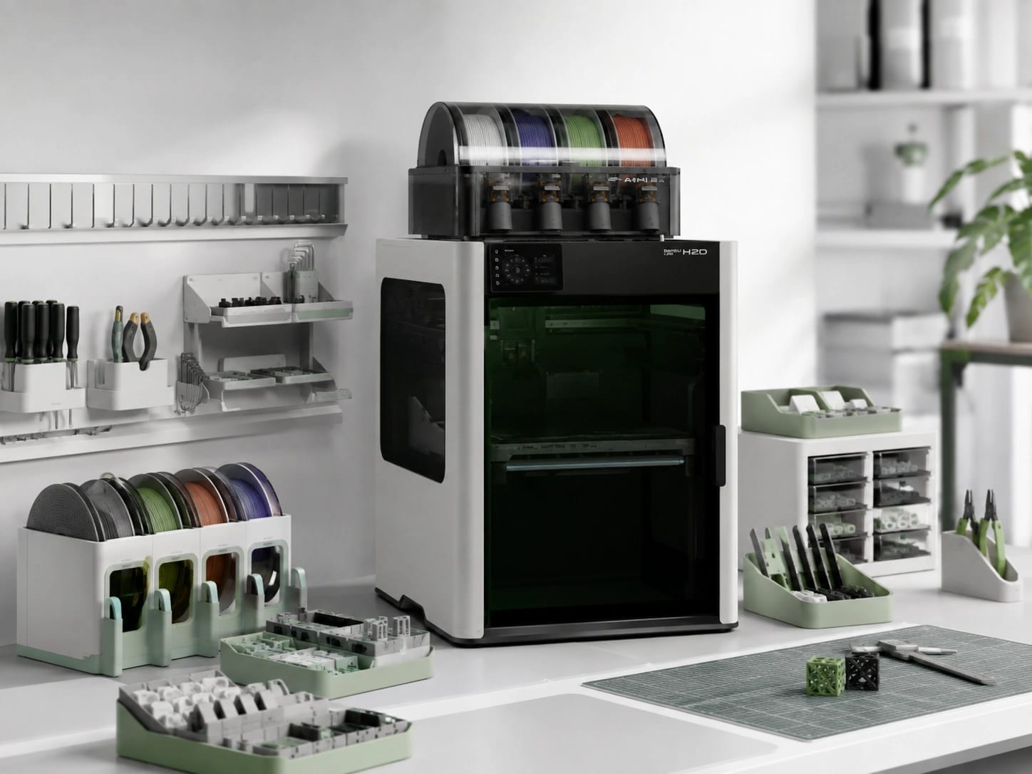 Printed organisers and filament storage beside an enclosed 3D printer.