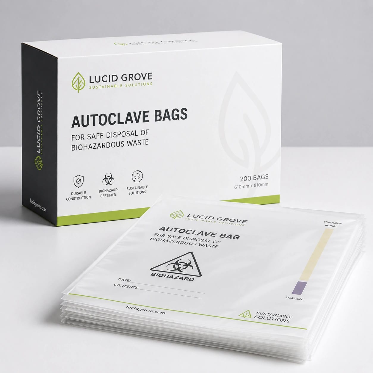A Lucid Grove box of autoclave biohazard bags with a folded stack of bags beside it.