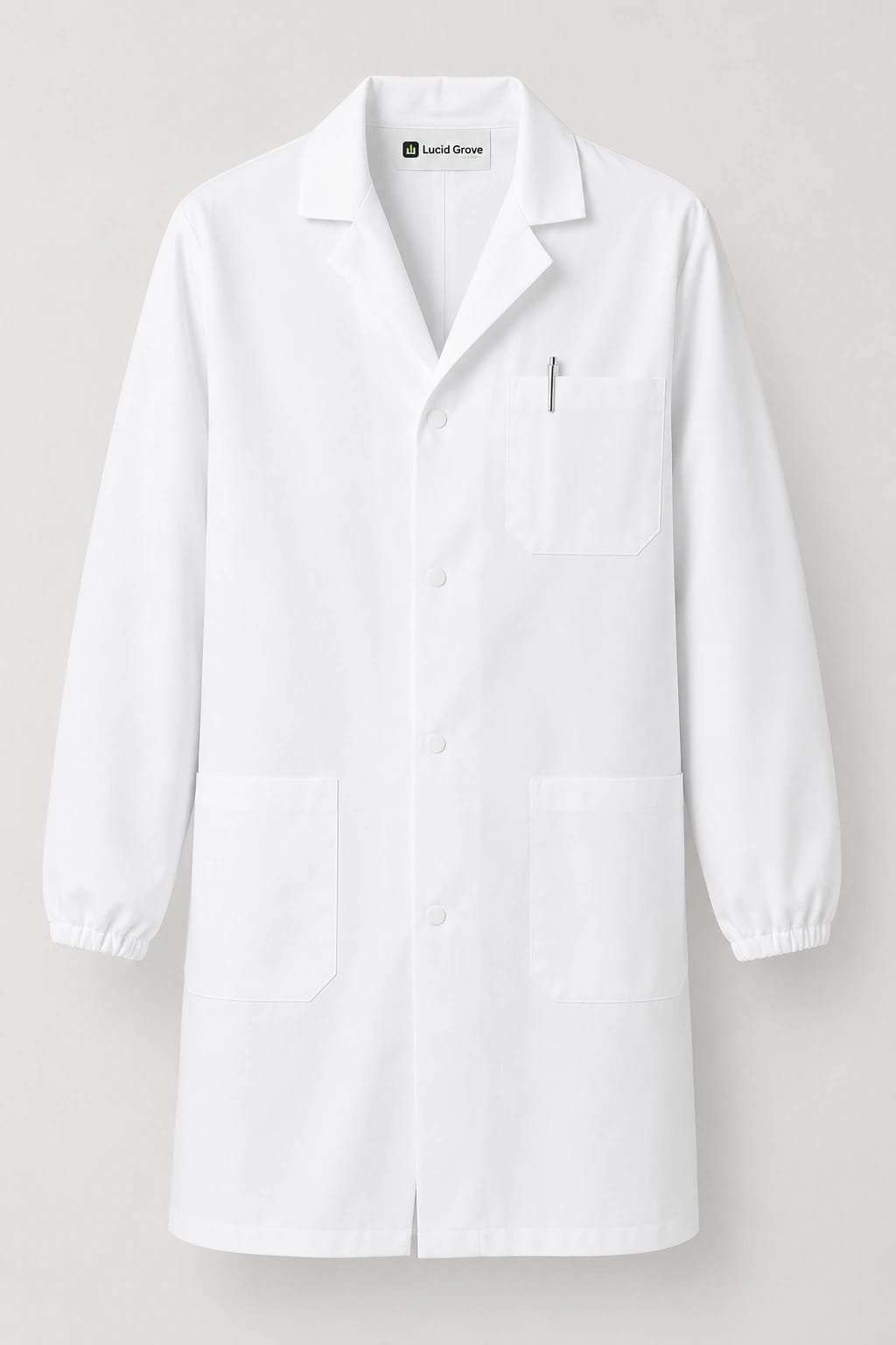 A white Lucid Grove laboratory coat with knitted cuffs, notched lapel and three pockets.