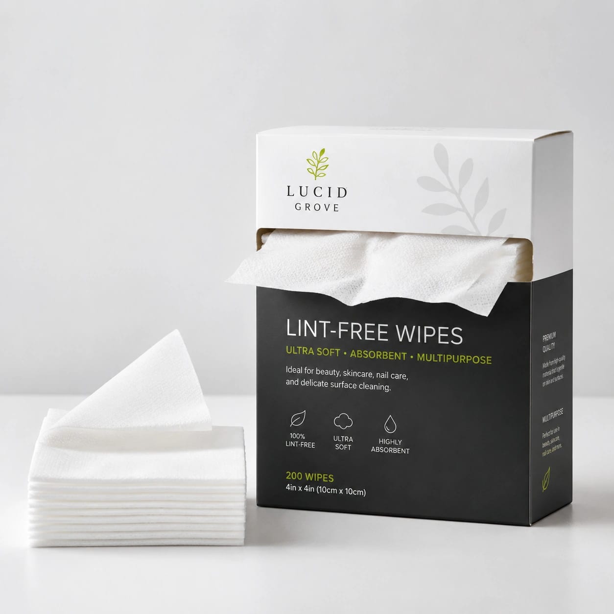 A Lucid Grove pop-up box of lint-free laboratory wipes with a folded stack beside it.