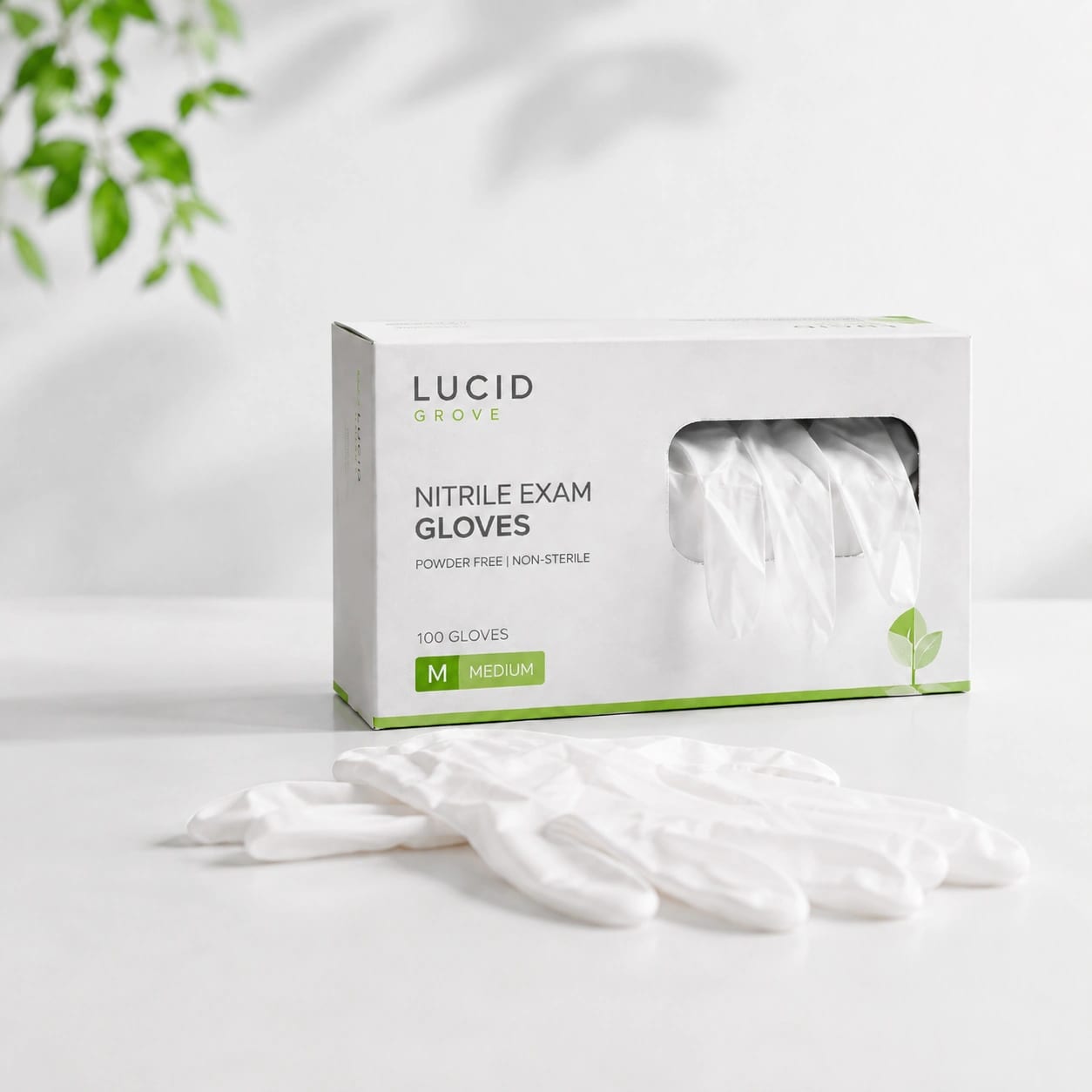 A Lucid Grove box of powder-free nitrile examination gloves with gloves laid out beside it.