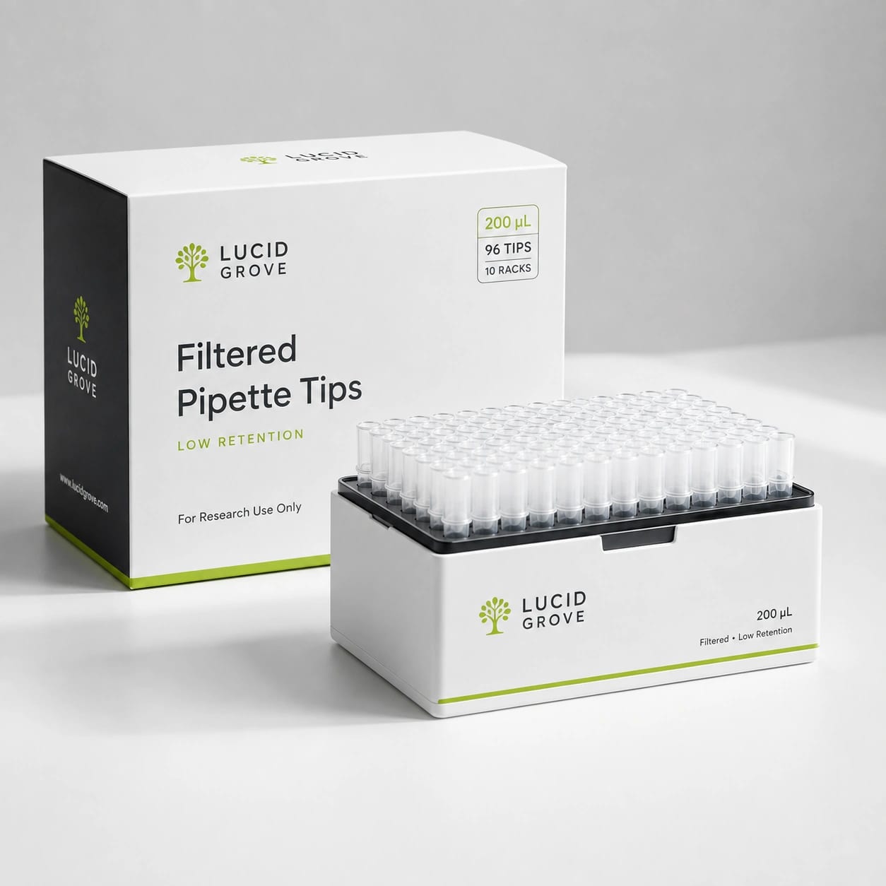 A Lucid Grove rack of filtered low-retention pipette tips, beside the box.
