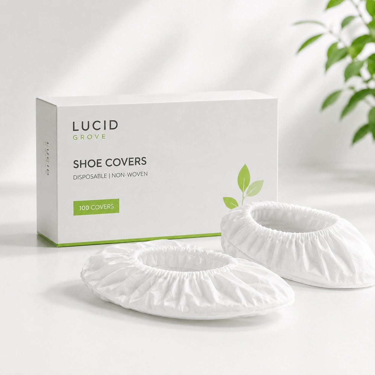 A Lucid Grove box of disposable shoe covers with a pair laid out beside it.