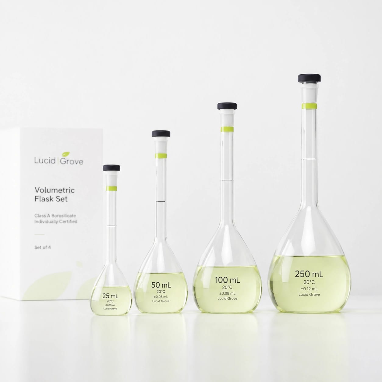 A Lucid Grove set of four Class A borosilicate volumetric flasks with stoppers, beside the box.
