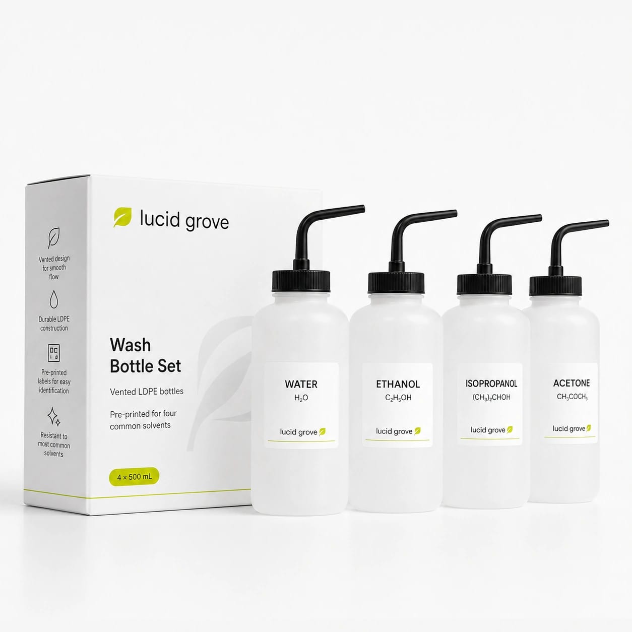 A Lucid Grove set of four printed LDPE wash bottles with bent delivery stems, beside the box.