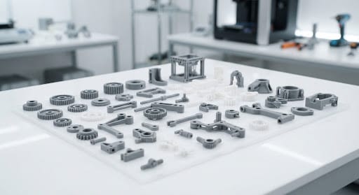 Intricate 3D printed mechanical parts arranged neatly on a clean white laboratory surface.