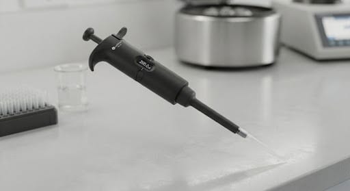 A matte black precision pipette resting on a clean light grey laboratory bench.