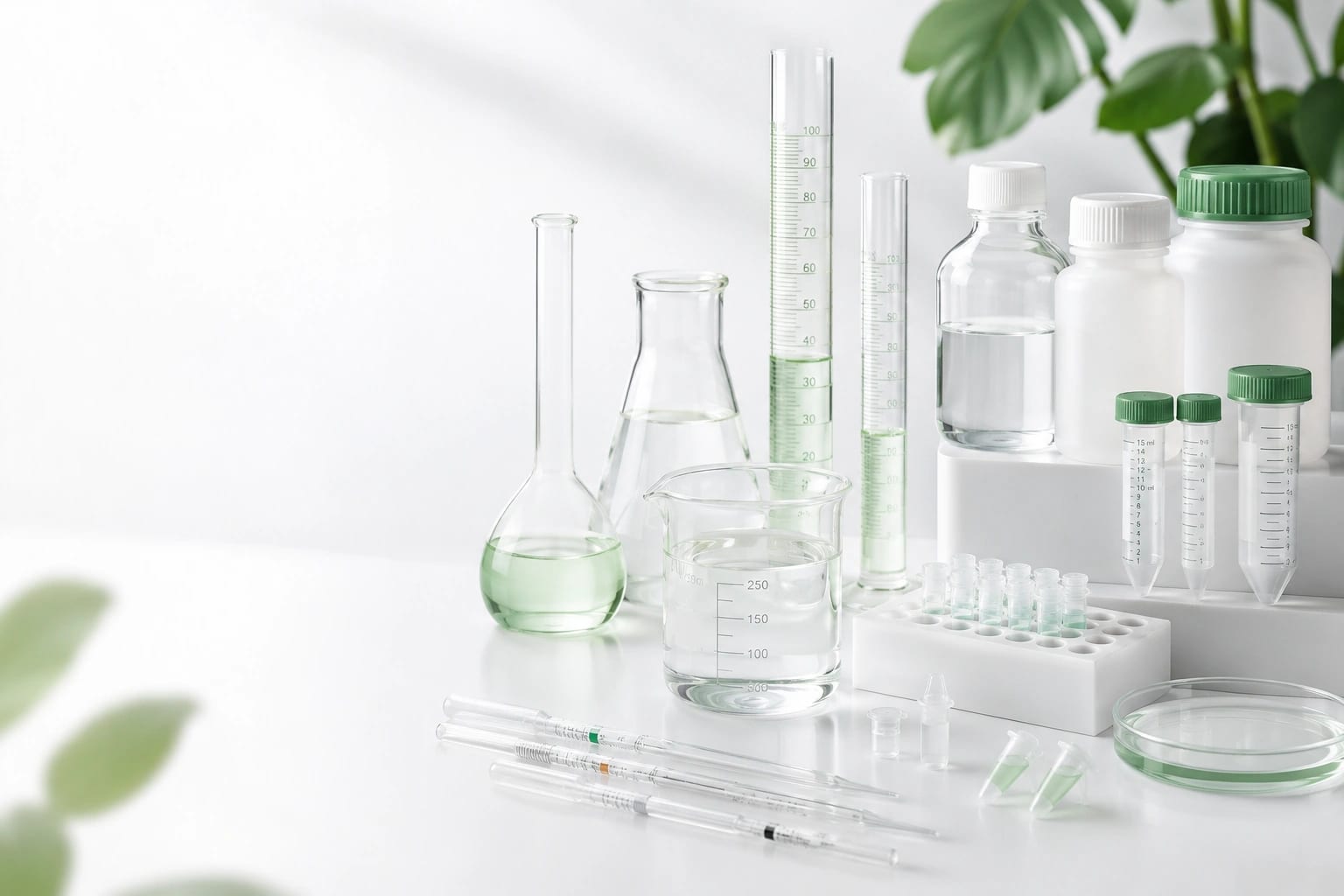 Borosilicate glassware, sample tubes and a tube rack on a white bench.
