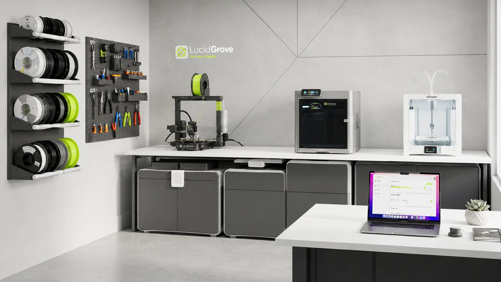 The Grove Supplies workshop: three 3D printers on a white bench, filament racks and a pegboard of tools on the wall.
