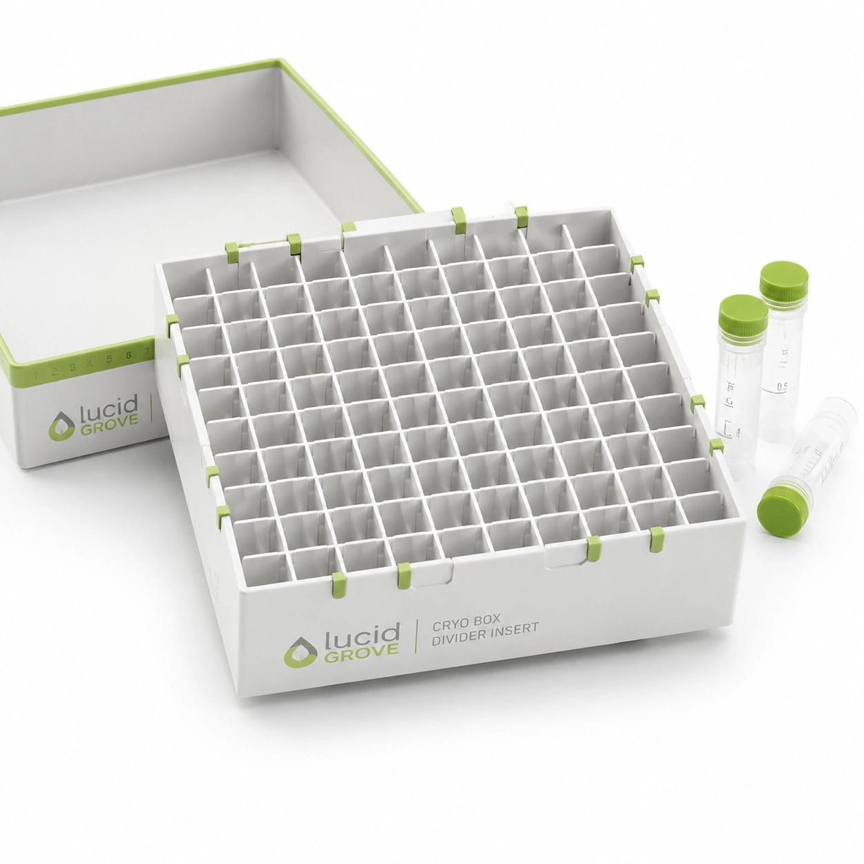 A Lucid Grove cryo box divider insert showing its grid, with the box lid and vials alongside.