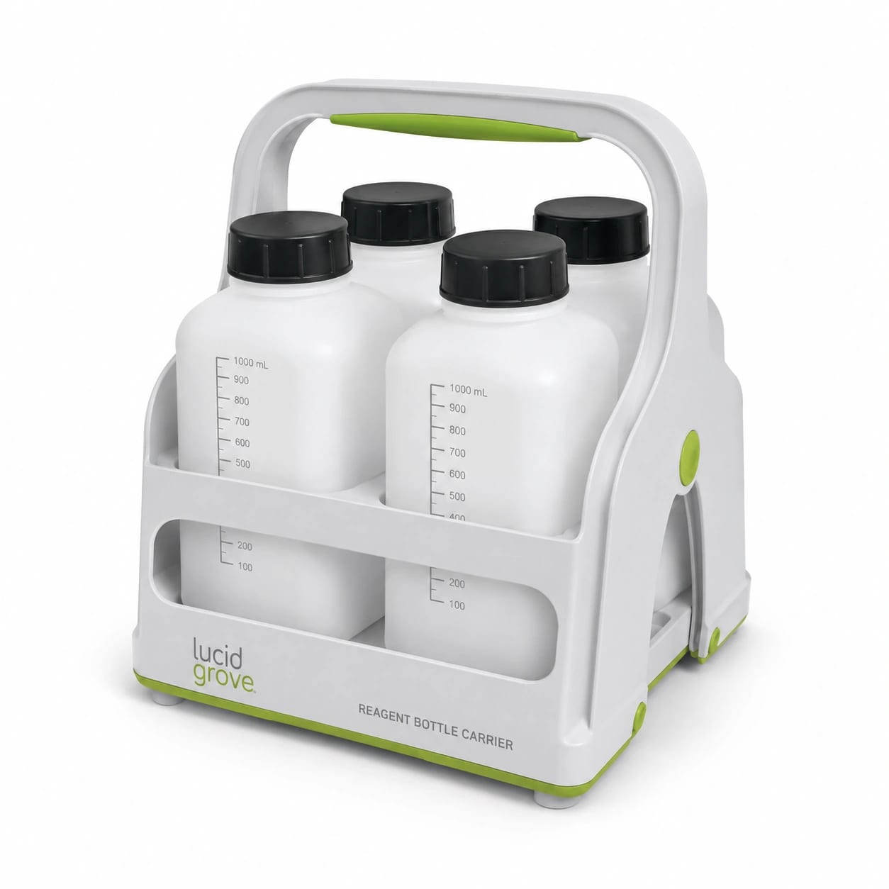 A Lucid Grove reagent bottle carrier holding four graduated bottles by its lime handle.