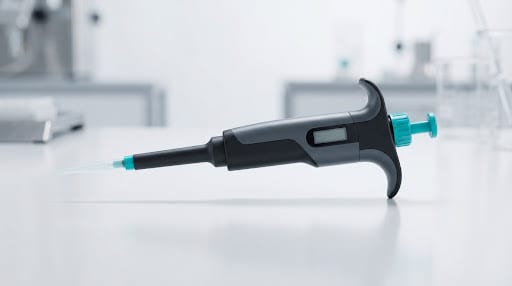 A sleek ergonomic laboratory micropipette resting on a clean white surface.