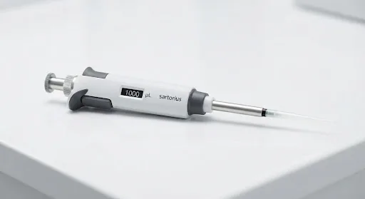 A contemporary laboratory pipette set on a sterile white surface under diffused light.