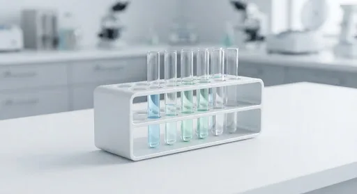 A minimalist modular tube rack printed in matte white plastic on a pristine background.