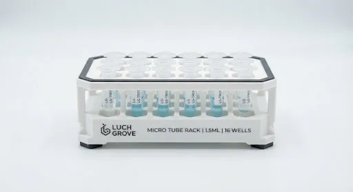 A precision engineered 3D printed tube rack photographed on a pristine white background.