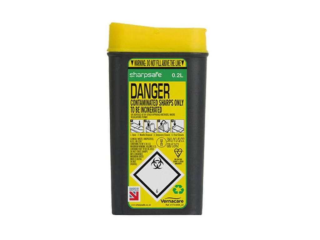 0.2 Litre Sharpsafe Yellow Petal Opening Sharps Bin photographed against a plain background.