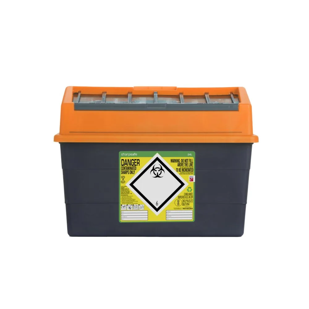 24 Litre Sharpsafe Orange Sharps Bin photographed against a plain background.