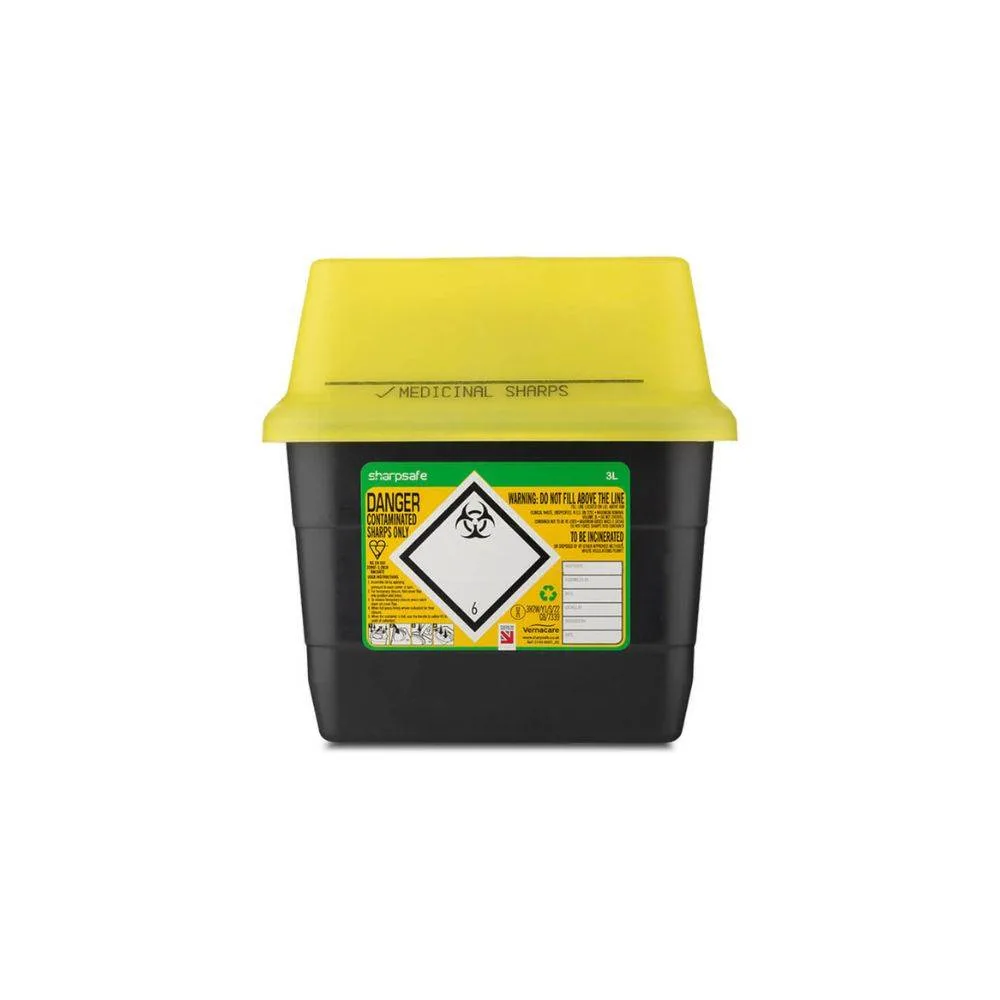 3 Litre Sharpsafe Yellow Sharps Bin photographed against a plain background.