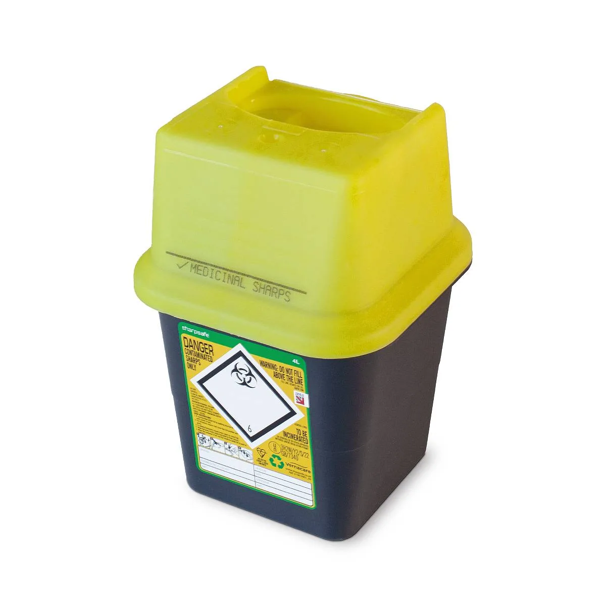 4 litre Sharpsafe Yellow Sharps Bin photographed against a plain background.