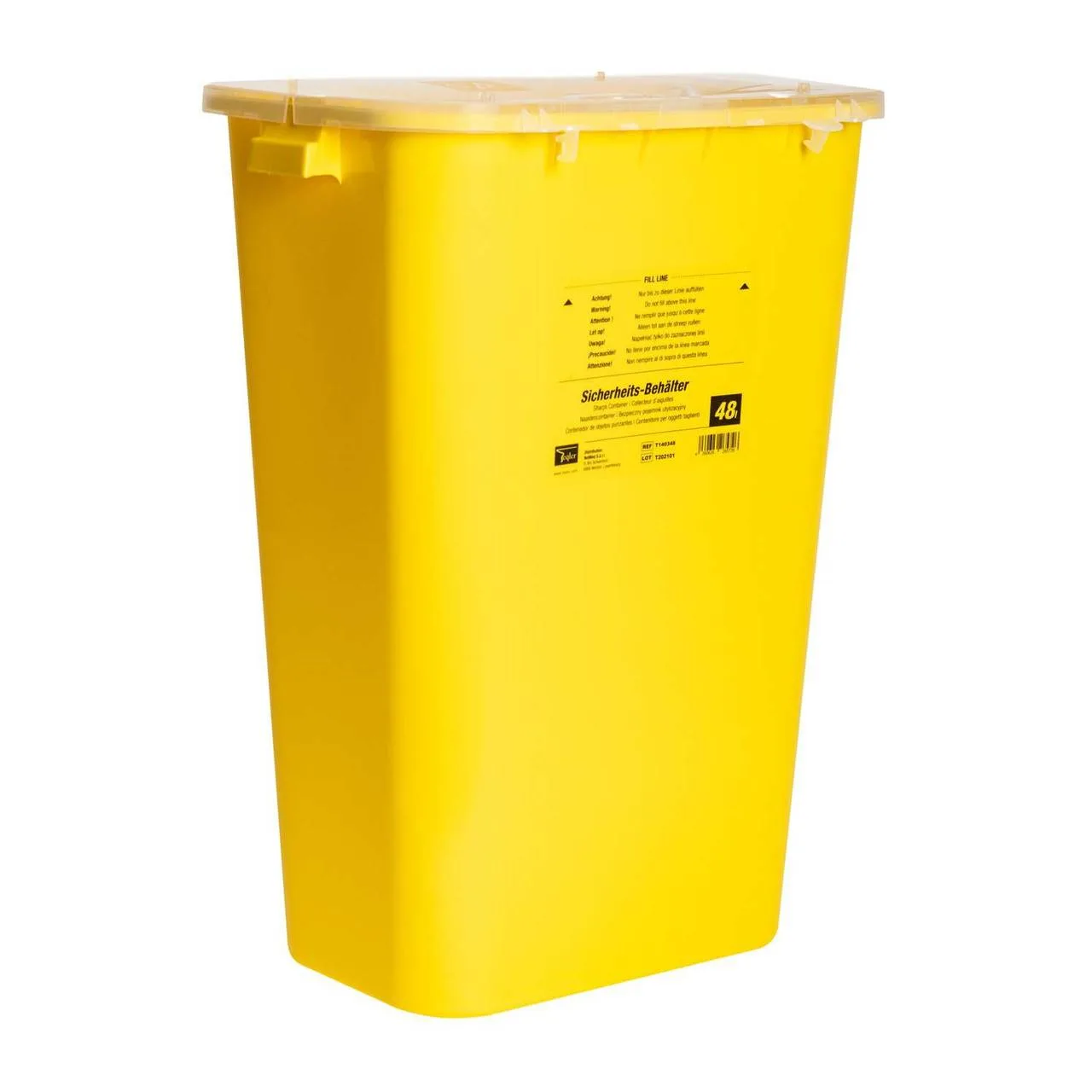 48 Litre Teqler Yellow Sharps Bin photographed against a plain background.