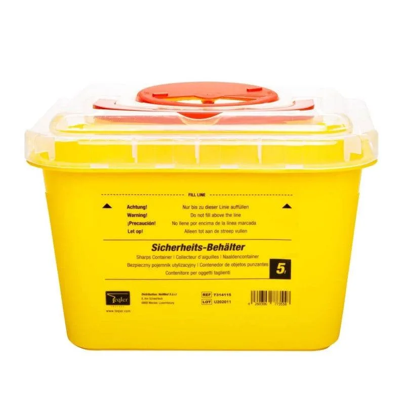 5 Litre Teqler Yellow Sharps Bin photographed against a plain background.