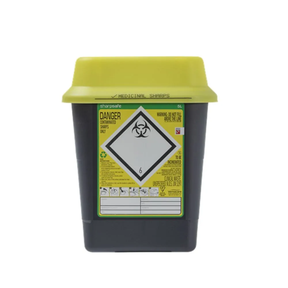5 Litre Yellow Sharps Bin Yellow Sharpsafe photographed against a plain background.