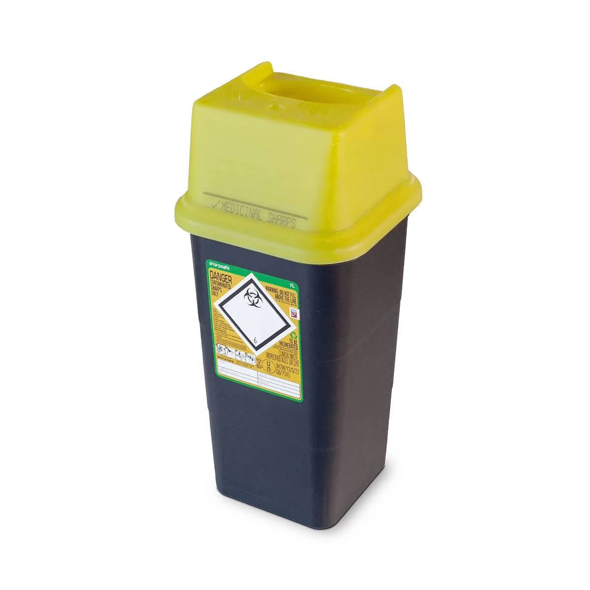 7 litre Sharpsafe Yellow Sharps Bin photographed against a plain background.